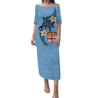Fiji Tapa Pattern With Plumeria Puletasi Dress - LT12 Long Dress Blue - Polynesian Pride
