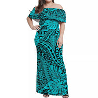 Turquoise Hawaii Family Matching Off Shoulder Maxi Dress And Hawaiian Shirt Tribal Art LT14 - Polynesian Pride