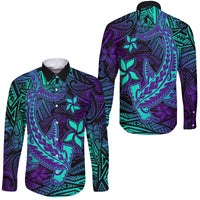 Purple Polynesian Family Matching Outfits Off Shoulder Long Sleeve Dress And Hawaiian Shirt Tribal Hammerhead Shark LT14 Dad's Shirt - Long Sleeve - Polynesian Pride