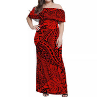 Red Hawaii Family Matching Off Shoulder Maxi Dress And Hawaiian Shirt Tribal Art LT14 - Polynesian Pride