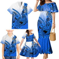 Blue Hawaii Family Matching Outfits Mermaid Dress And Hawaiian Shirt Polynesian Shark Tattoo LT14 - Polynesian Pride
