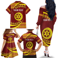 Personalised Tonga High School Family Matching Off The Shoulder Long Sleeve Dress and Hawaiian Shirt Happy 77 Years Anniversary LT14 - Polynesian Pride