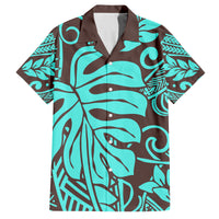 Teal Polynesian Tropical Leaf Family Matching Off Shoulder Maxi Dress and Hawaiian Shirt LT14 Teal - Polynesian Pride