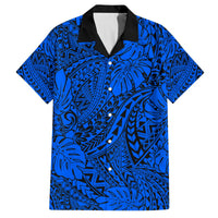 Hawaii Couples Matching Off Shoulder Long Sleeve Dress and Hawaiian Shirt Blue Polynesian Tribal Art LT14