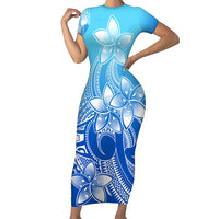 Polynesian Pride Plumeria Flowers Short Sleeve Body Long Dress Polynesian Tribal Gradient Blue LT9 Long Dress Gradient Blue - Polynesian Pride
