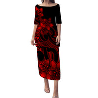 Polynesian Couple Outfits Plumeria Flowers Puletasi Dress and Hawaiian Shirt Polynesian Tribal Red Vibe LT9 - Polynesian Pride