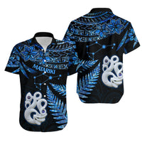 Matching Outfits For Couples Maori Short Sleeve Body Long Dress and Hawaiian Shirt Matariki Stars Manaia with Paua Shell - Blue LT9 - Polynesian Pride