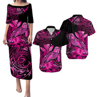 Matching Outfit For Couples Hawaii Monk Seal Puletasi Dress and Hawaiian Shirt Polynesian Kakau With Kanaka Pink LT14 Pink - Polynesian Pride