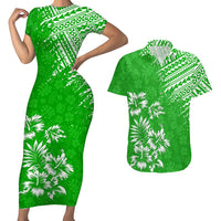 Hawaii Summer Couples Matching Outfits Combo Bodycon Dress And Hawaii Shirt Mix Polynesian Green LT6 - Polynesian Pride