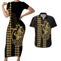 Polynesian Couples Matching Outfits Combo Bodycon Dress And Hawaii Shirt Hawaiian Warrior and Aloha Girl With Hammerhead Shark Tattoos Gold LT6 4XL - Polynesian Pride