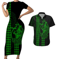 Polynesian Couples Matching Outfits Combo Bodycon Dress And Hawaii Shirt Hawaiian Warrior and Aloha Girl With Hammerhead Shark Tattoos Green LT6 4XL - Polynesian Pride