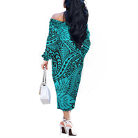 Turquoise Hawaii Family Matching Off Shoulder Long Sleeve Dress And Hawaiian Shirt Tribal Art LT14 - Polynesian Pride