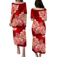 Polynesian Matching Couple Outfit Floral Tribal Puletasi Dress and Hawaiian Shirt Red LT9 - Polynesian Pride