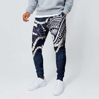 Aloha Hawaii Kalo Pikake Lei Jogger Pants Chest Tattoo Oxford Blue Hawaiian Pattern