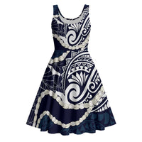Aloha Hawaii Kalo Pikake Lei Midi Dress Chest Tattoo Oxford Blue Hawaiian Pattern