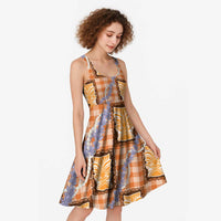 Aloha Hawaii Tiki Palaka Motifs Midi Dress Honohono Lei Orange Elegant Vibes