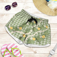 Aloha Puakenikeni Anthurium Pikake Lei Shorts for Women Green Hawaiian Palaka Pattern