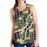 Aloha Puakenikeni Anthurium Pikake Lei Women Racerback Tank Black Hawaiian Palaka Pattern