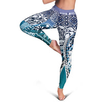 Aloha Vintage Plumeria Hawaiian Tapa Pattern Leggings Blue Hawaiian Tapa Pattern - Polynesian Pride