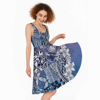 Aloha Vintage Plumeria Hawaiian Tapa Pattern Midi Dress Blue Hawaiian Tapa Pattern LT9 - Polynesian Pride