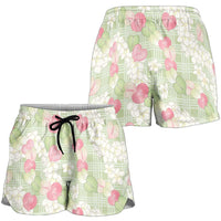 Anthurium Plumeria Lei Pastel Shorts for Women Green Hawaiian Splendid Palaka