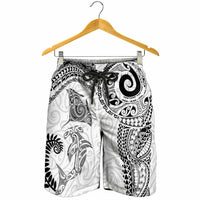 Aotearoa Maori Sea Animals Tribal Shorts for Men Manta Ray and Shark Moko Pattern White Color
