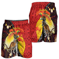 Australia and Papua New Guinea Together Shorts for Men Bird-of-paradise and Kangaroo with Oro Tapa and Aboriginal Art Motifs LT03 - Polynesian Pride