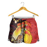 Australia and Papua New Guinea Together Shorts for Women Bird-of-paradise and Kangaroo with Oro Tapa and Aboriginal Art Motifs LT03 - Polynesian Pride