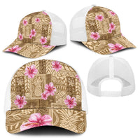 Beige Hawaii Hibiscus With Tropical Flowers Motifs Mesh Trucker Cap LT14 - Polynesian Pride