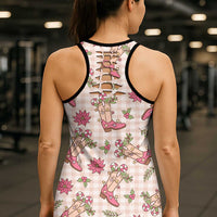 Beige Paniolo Palaka Hawaiian Cowgirl Christmas Hollow Tank Top - Polynesian Pride