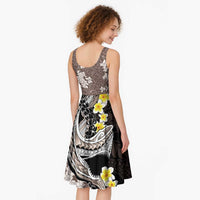 Brown and Black Hawaii Shark Tattoo Midi Dress Puakenikeni Lei Plumeria Polynesian Pattern - Polynesian Pride