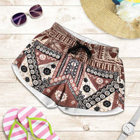 Brown Bula Fiji Shorts for Women Unique Masi Tapa Pattern - Polynesian Pride
