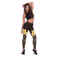 Brown Polynesia Leggings Plumeria Tropical Leaves With Galaxy Polynesian Art - Polynesian Pride