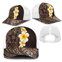 Brown Polynesia Mesh Trucker Cap Plumeria Tropical Leaves With Galaxy Polynesian Art - Polynesian Pride