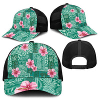 Cyan Hawaii Hibiscus With Tropical Flowers Motifs Baseball Net Cap LT14 - Polynesian Pride