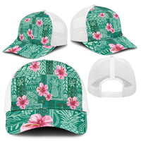 Cyan Hawaii Hibiscus With Tropical Flowers Motifs Mesh Trucker Cap - Polynesian Pride