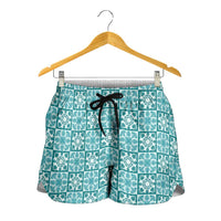 Cyan Palaka Quilt Hawaii Shorts for Women Hawaiian Tropical Monstera Sea Turtle
