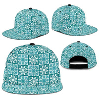Cyan Palaka Quilt Hawaii Snapback Cap Hawaiian Tropical Monstera Sea Turtle