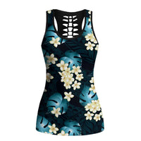 Dark Cyan Tropical Hawaii Hollow Tank Top Seamless Monstera Plumeria Hawaiian Pattern - Polynesian Pride