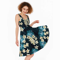 Dark Cyan Tropical Hawaii Midi Dress Seamless Monstera Plumeria Hawaiian Pattern LT14 - Polynesian Pride