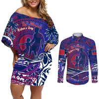 Father's Day Samoa Couples Matching Off Shoulder Short Dress and Long Sleeve Button Shirt Special Dad Polynesia Paradise DT02 Green - Polynesian Pride