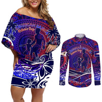 Father's Day American Samoa Couples Matching Off Shoulder Short Dress and Long Sleeve Button Shirt Special Dad Polynesia Paradise DT02 Blue - Polynesian Pride