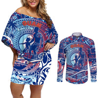 Father's Day Guam Couples Matching Off Shoulder Short Dress and Long Sleeve Button Shirt Special Dad Polynesia Paradise DT02 Blue - Polynesian Pride
