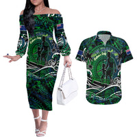 Father's Day New Zealand Couples Matching Off The Shoulder Long Sleeve Dress and Hawaiian Shirt Special Dad Polynesia Paradise DT02 Green - Polynesian Pride