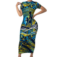 Father's Day Tokelau Family Matching Short Sleeve Bodycon Dress and Hawaiian Shirt Special Dad Polynesia Paradise DT02 Mom's Dress Blue - Polynesian Pride