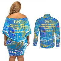 Father's Day Tuvalu Couples Matching Off Shoulder Short Dress and Long Sleeve Button Shirt Special Dad Polynesia Paradise DT02 - Polynesian Pride