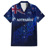 Personalised New Zealand Family Matching Off Shoulder Maxi Dress and Hawaiian Shirt Aotearoa Map Silver Fern DT02 Dad's Shirt - Short Sleeve Blue - Polynesian Pride