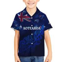 Personalised New Zealand Family Matching Tank Maxi Dress and Hawaiian Shirt Aotearoa Map Silver Fern DT02 Son's Shirt Blue - Polynesian Pride
