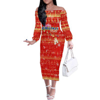 Merry Christmas Hawaii Family Matching Off The Shoulder Long Sleeve Dress and Hawaiian Shirt Xmas Travel Map DT02 Mom's Dress Red - Polynesian Pride