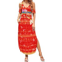 Merry Christmas Hawaii Family Matching Summer Maxi Dress and Hawaiian Shirt Xmas Travel Map DT02 Mom's Dress Red - Polynesian Pride
